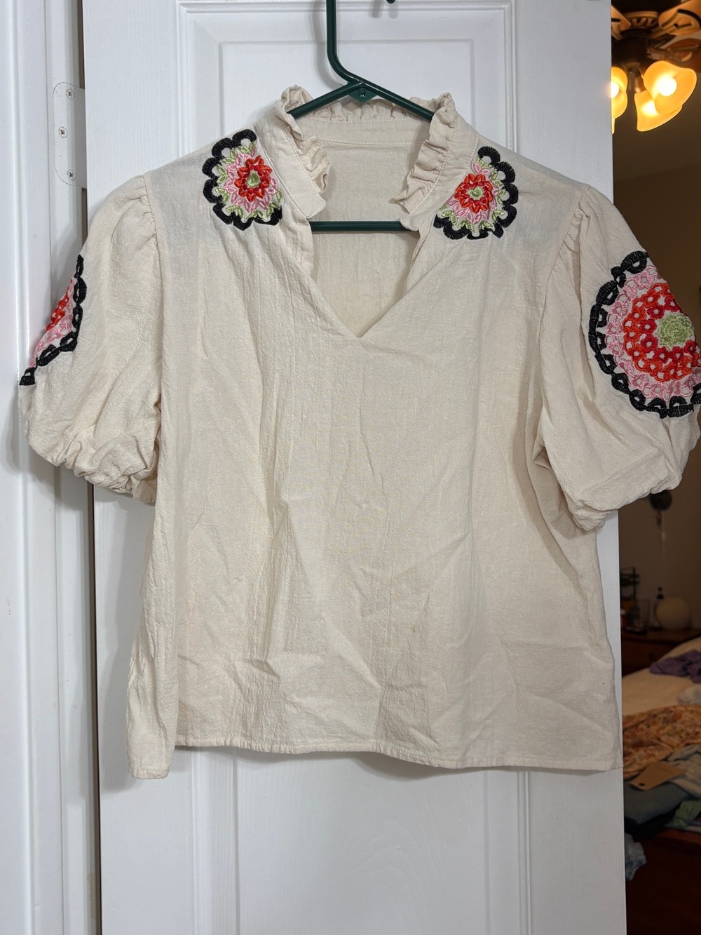 Cream Embroidered Puff-Sleeve Women’s Top
